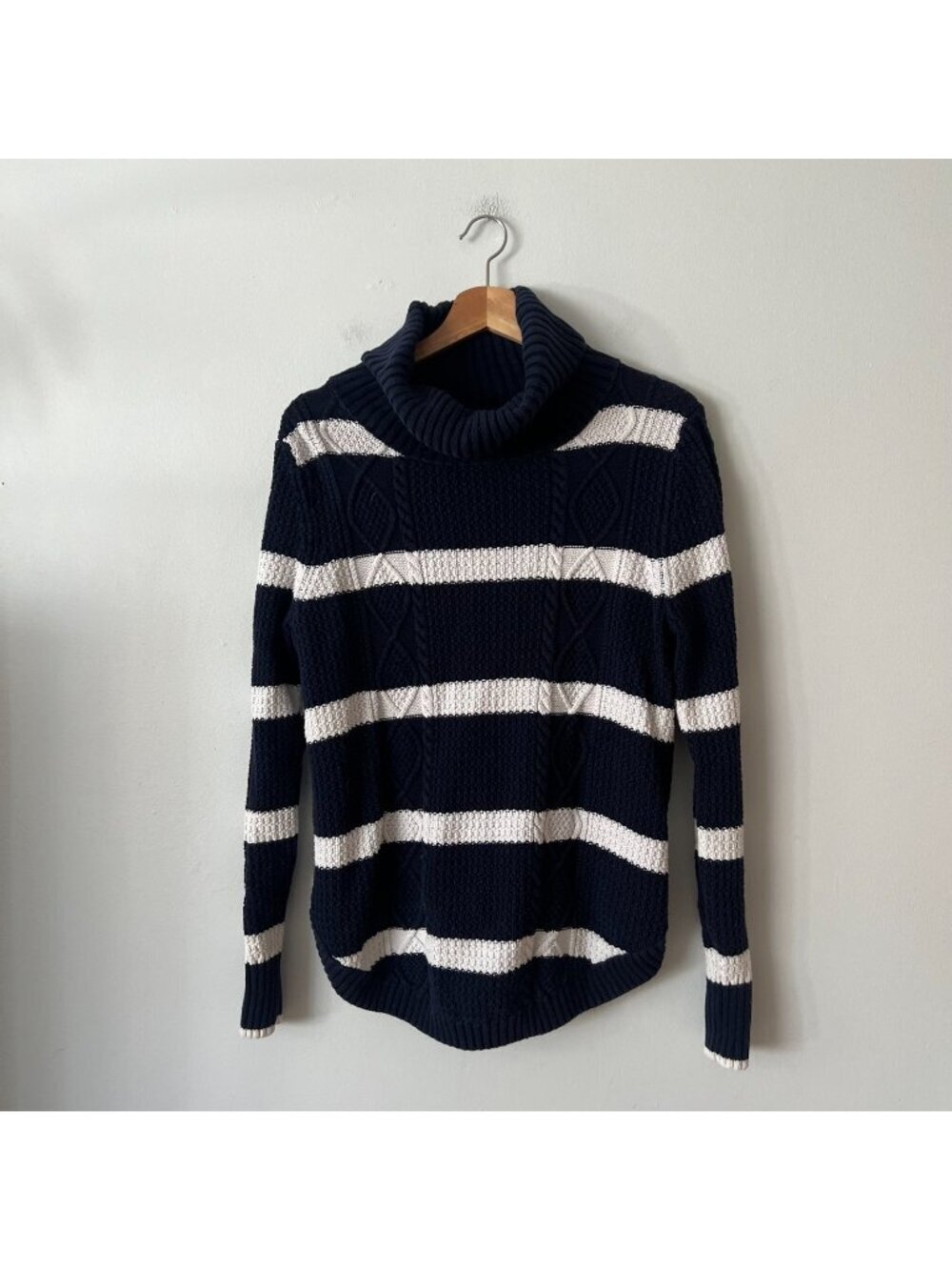 GAP Navy & White Striped Cotton Cableknit Turtleneck Sweater Women's Size M Tall